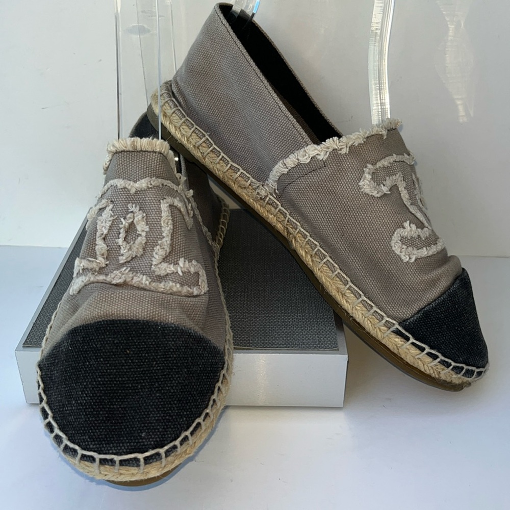 Authentic Chanel Gray/Black Fabric CC Cap Toe Espadrilles